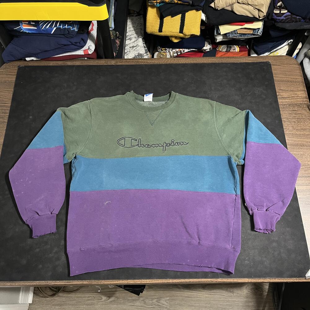 Vintage Champion Sweatshirt Thrash Distress Color block Stripe Crewneck USA 90s